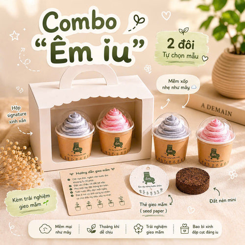 Hộp quà trải nghiệm Combo Êm iu gồm 2 đôi tất vớ tự chọn đóng gói hình bánh cupcake đặt trong hộp giấy có quai xách kèm thẻ gieo mầm seed paper và viên đất nén mini êm