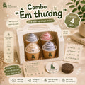 Hộp quà trải nghiệm Combo Êm thương gồm 4 đôi tất vớ tự chọn đóng gói hình bánh cupcake đặt trong hộp giấy có quai xách kèm thẻ gieo mầm giấy thơm thư giãn và đất nén mini êm