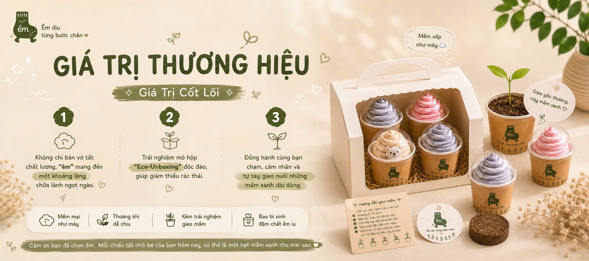 Infographic 3 giá trị cốt lõi của thương hiệu êm gồm trải nghiệm chữa lành, mở hộp eco-unboxing giảm rác thải và tự tay gieo nuôi mầm xanh từ vớ tất cupcake